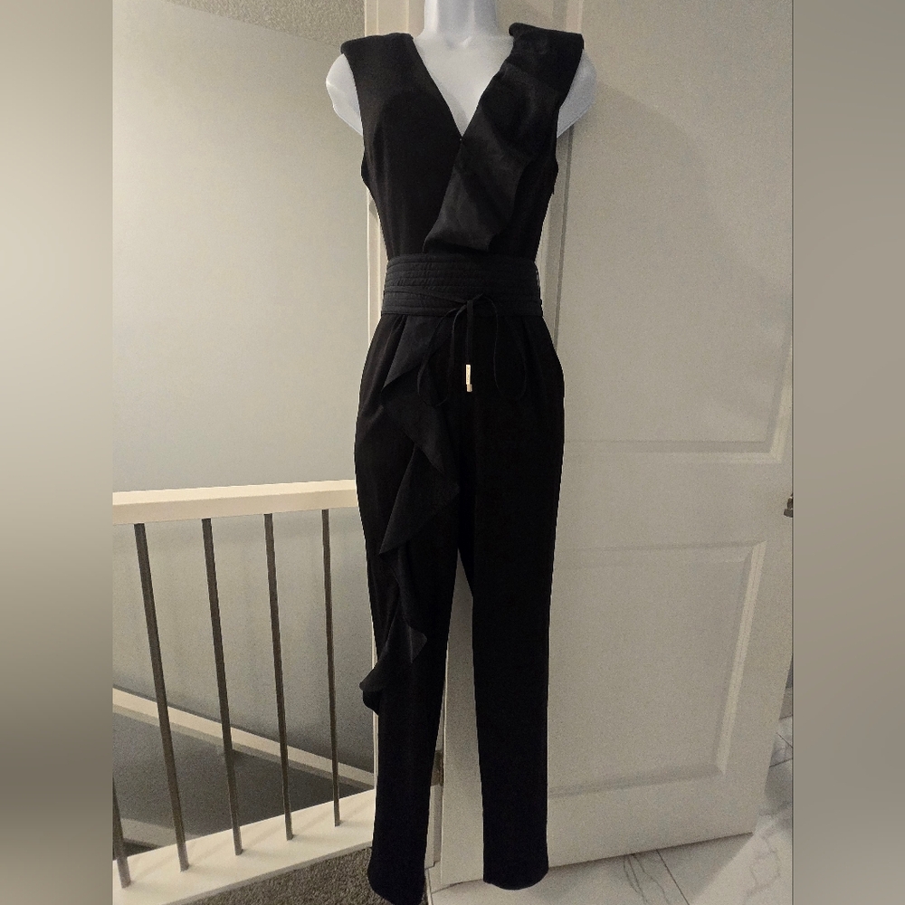 Marciano Black Ruffle Trim Jumpsuit With Belt. Size 0.